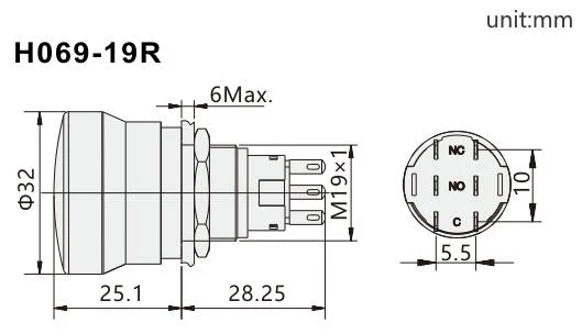 Siron Push Button Switch Mushroom Waterproof Metal Emergency Stop 16mm19mm22mm Red Head Switch Pin Terminal